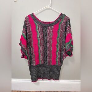 Wet Paint Pink Gray Green Chevron Knit Dolman Sleeve Vtg Top Retro Y2K Fitted ML